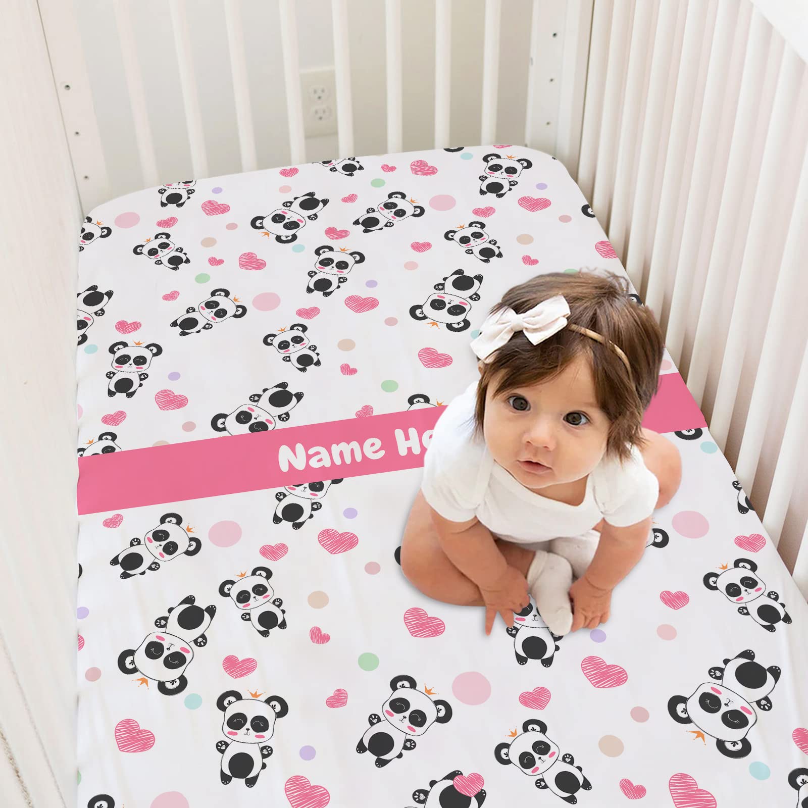 Personalized Cute Panda Pink Baby Crib Sheets with Name, Customized Pack and Play Sheets for Baby Girls, Crib Mattress Sheets, Fitted Crib Bedding Sheets, Mini Crib Sheet | Name Crib Sheets