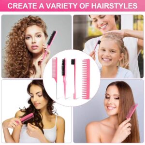 Anmieciu Hair Comb Set, 4Pcs Bristle Hair Edge Brush, Teasing Brush Comb, Rat Tail Comb and Wide Tooth Comb for Women Girls Men Combing, Smoothing and Styling Hair (Pink)