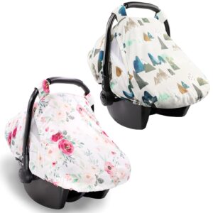 summer cozy sun & warm cover, 2pack baby carseat cover boys girls, privacy carseat canopy protect newborn, mountains & flower