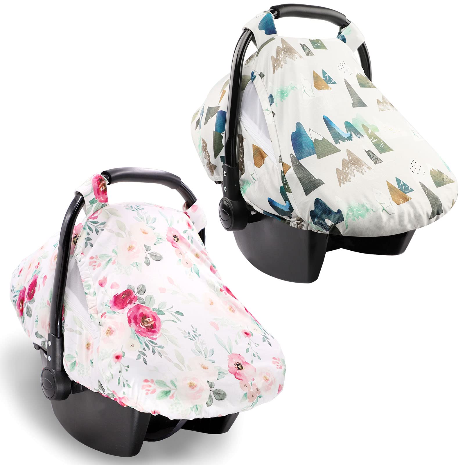 Summer Cozy Sun & Warm Cover, 2PACK Baby Carseat Cover Boys Girls, Privacy Carseat Canopy Protect Newborn, Mountains & Flower