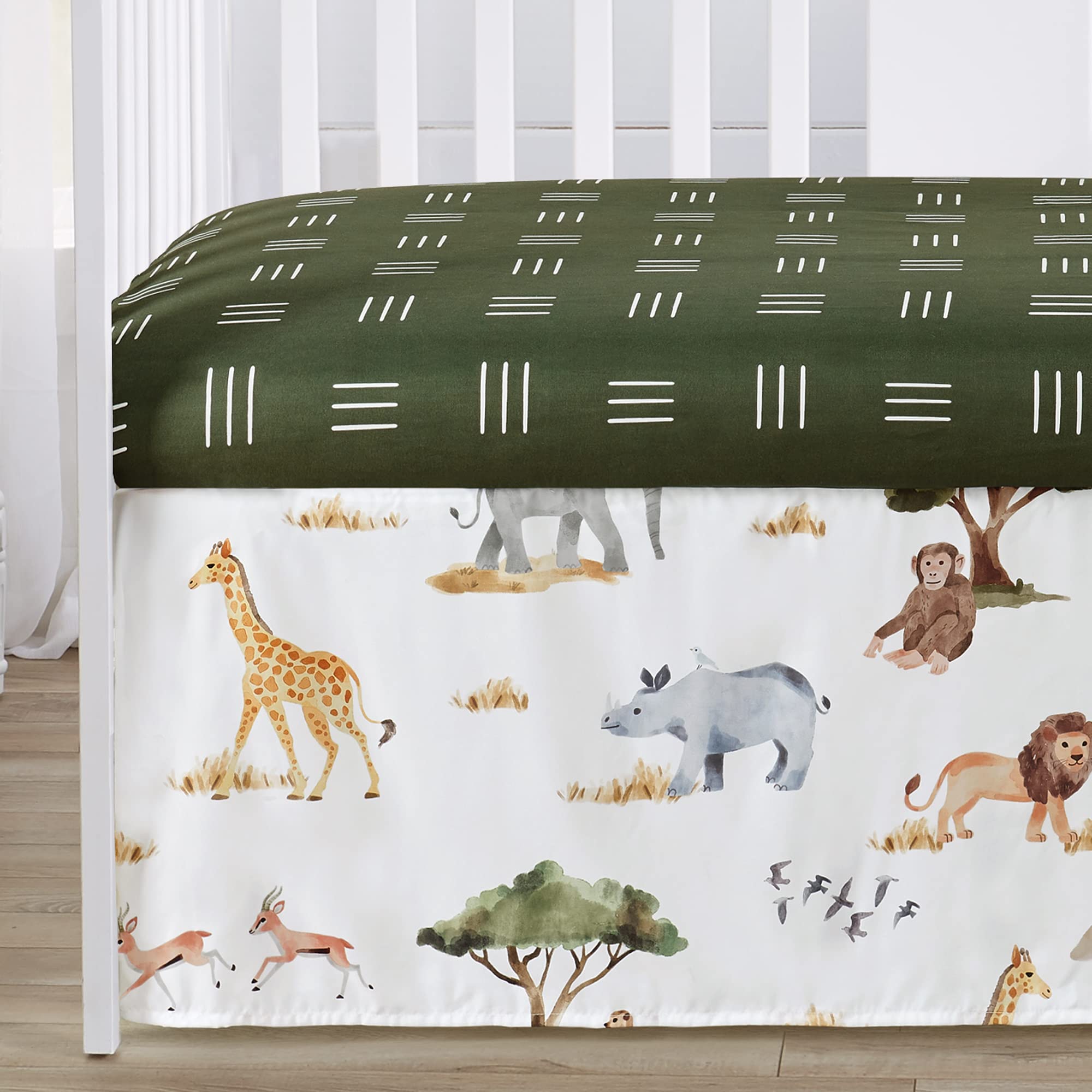 Sweet Jojo Designs Jungle Animals Baby Boy Girl Nursery 4pc Crib Bedding Set Dark Hunter Green Yellow Grey Rust Orange Black White Wildlife Safari Animal Elephant Giraffe Lion Monkey Leopard Cheetah