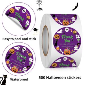 Heyfibro Halloween Thank You for Supporting My Small Business Sticker Roll, 1.5" Thank You Stickers for Retail Stores, Bakeries, 500 Pcs Halloween Round Label Stickers for Gift Boxes, Candy Bags