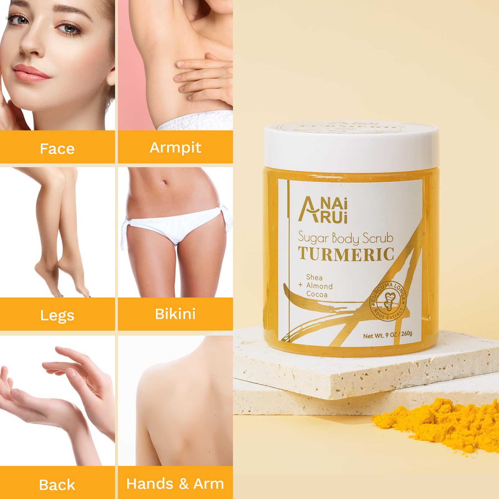 ANAI RUI Turmeric Body Scrub, Sugar Scrub for Exfoliating, Smoothing, Hydrating Skin, Skin Brightening Face & Body Scrub with Turmeric, Turmeric Body Scrub Exfoliator, 9 OZ