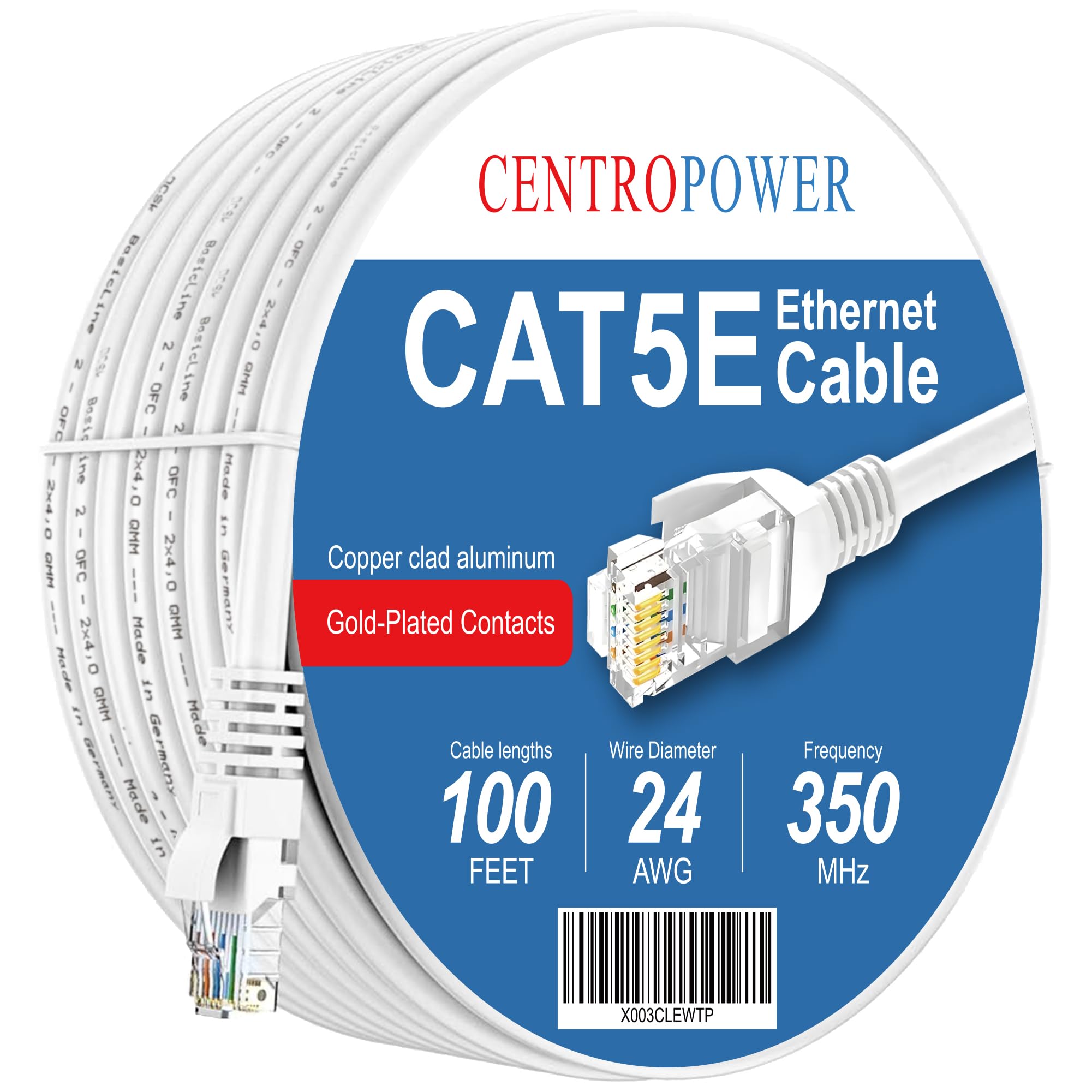 CENTROPOWER Cables Cat5e Ethernet Network Patch Cable, White 100ft Internet Wire for Modem, Router, Pc, TV, Consoles，High Speed Internet…