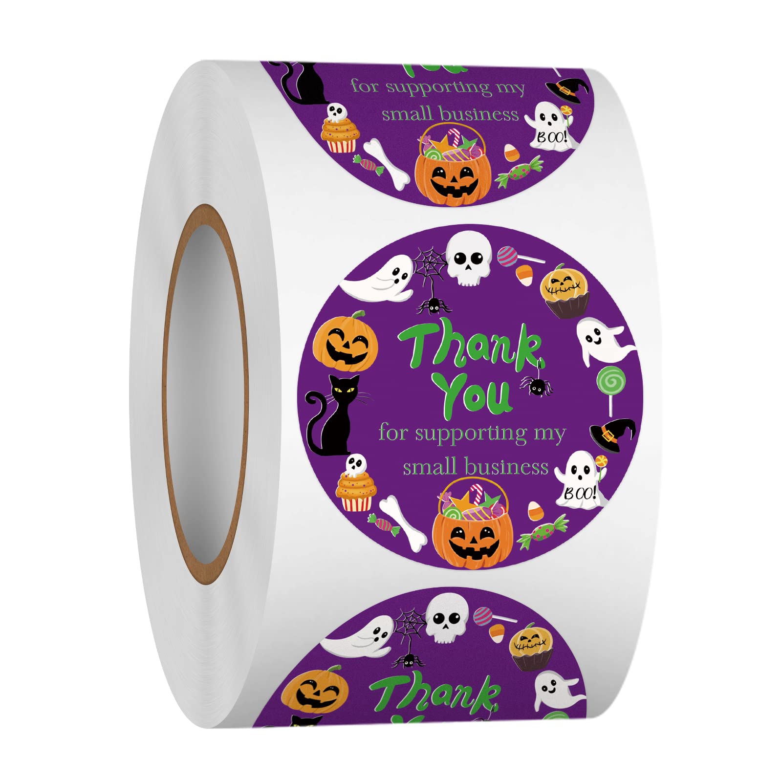 Heyfibro Halloween Thank You for Supporting My Small Business Sticker Roll, 1.5" Thank You Stickers for Retail Stores, Bakeries, 500 Pcs Halloween Round Label Stickers for Gift Boxes, Candy Bags