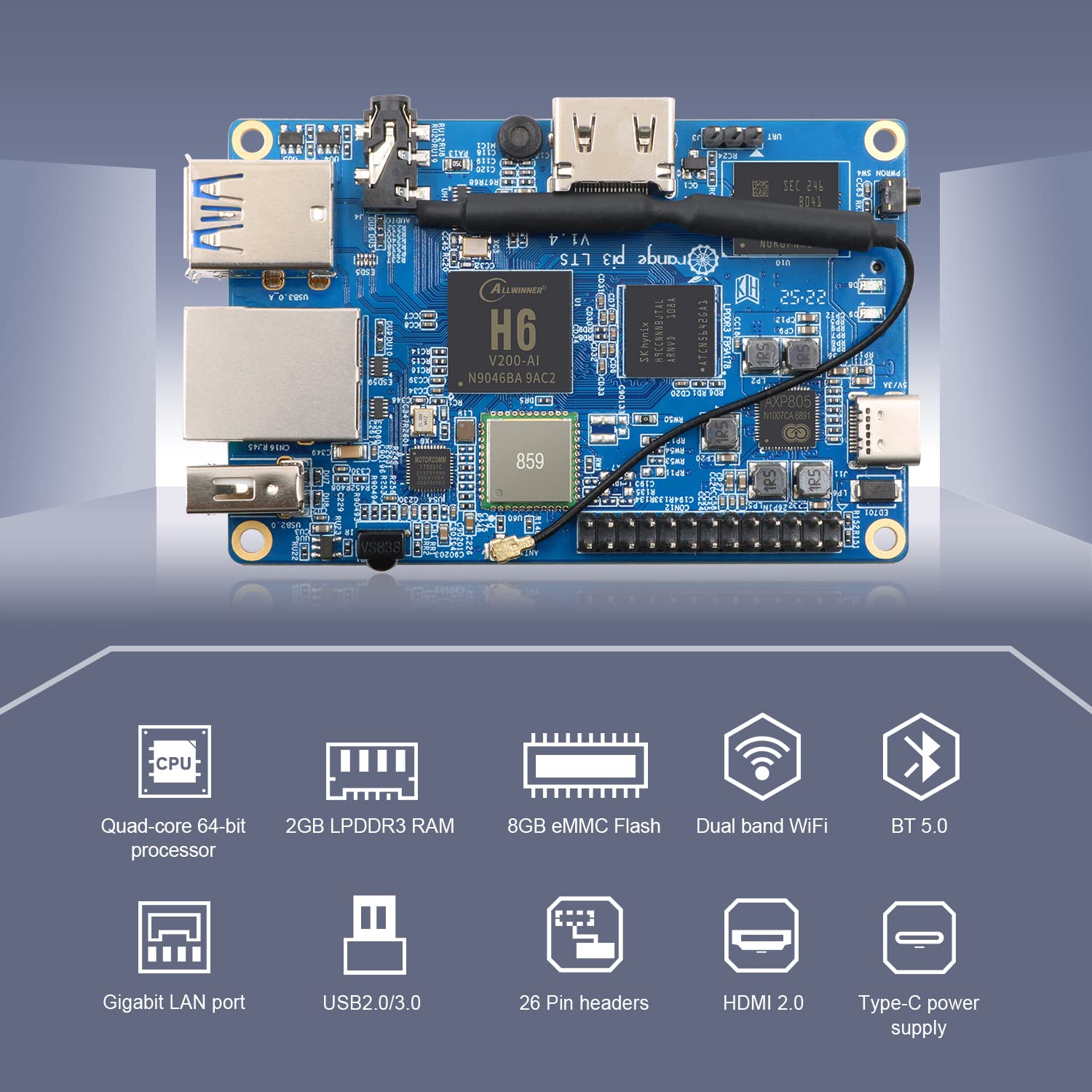 Orange Pi 3 LTS 2GB LPDDR3 Allwinner H6 Flash 4-Core 64 Bit with 8GB eMMC Flash Single Board Computer, Support Dual-Band WiFi and Bluetooth 5.0 Development Board Run Android/Ubuntu.. (Pi 3 LTS)