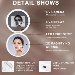 Hansong Compact Mirror with UV Camera Visualize Facial Sunscreen, 2X Magnification Travel Makeup Mirror Handheld 2-Sided Pocket Mirror, 3.5in Folding Travel Mirror