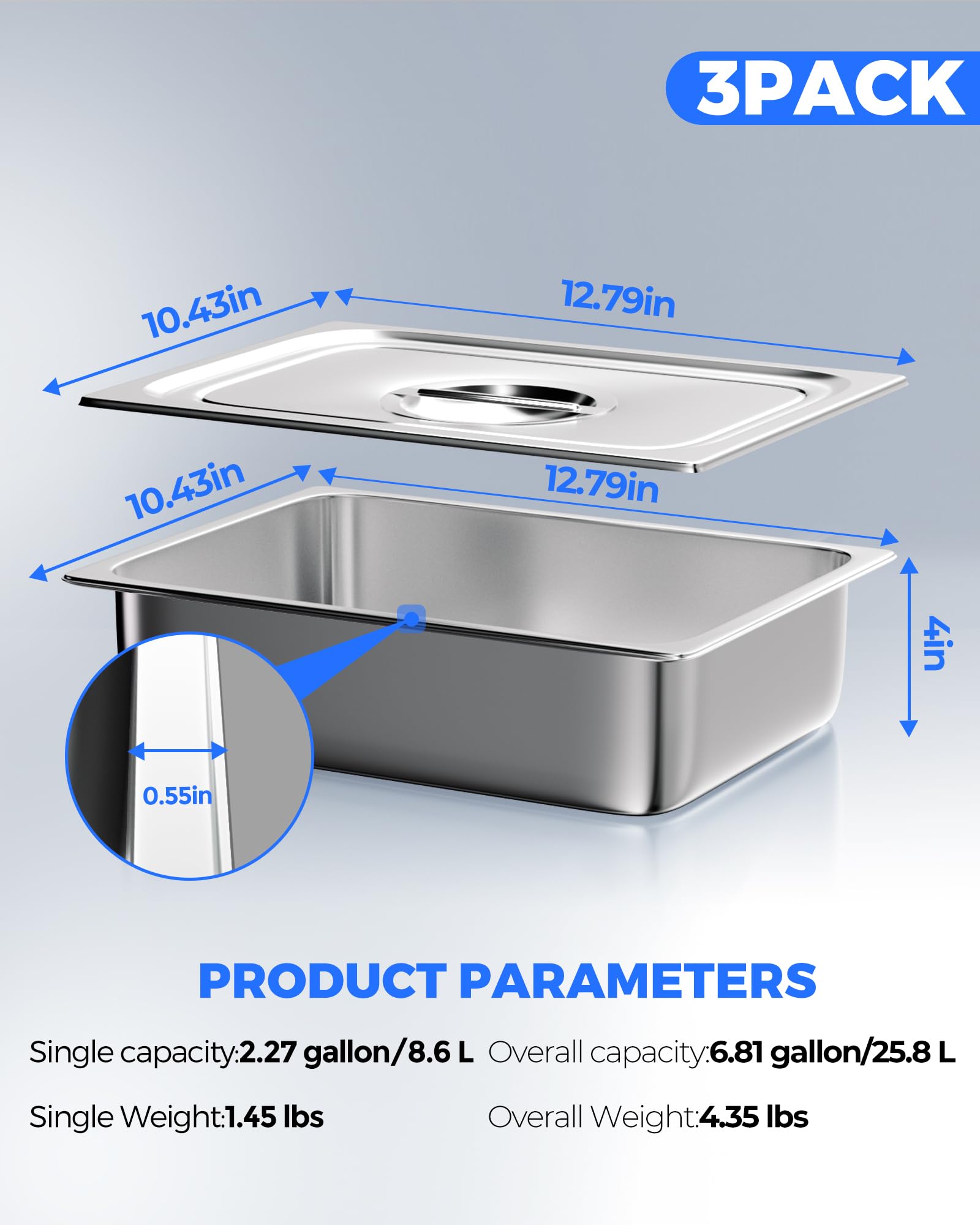 WantJoin 1/2 Half Size Steam Table Pans with Lid, 3 Pack 4 Inch Deep Restaurant Steam Table Pans Commercial, Hotel Pan Made of 201 Gauge Stainless Steel