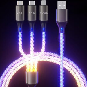 bdqq light up phone charger cord, multi led charging cable rgb glowing gradual lighting usb c cable fast charging cable universal 3 in 1 charger cable adapter micro usb type-c