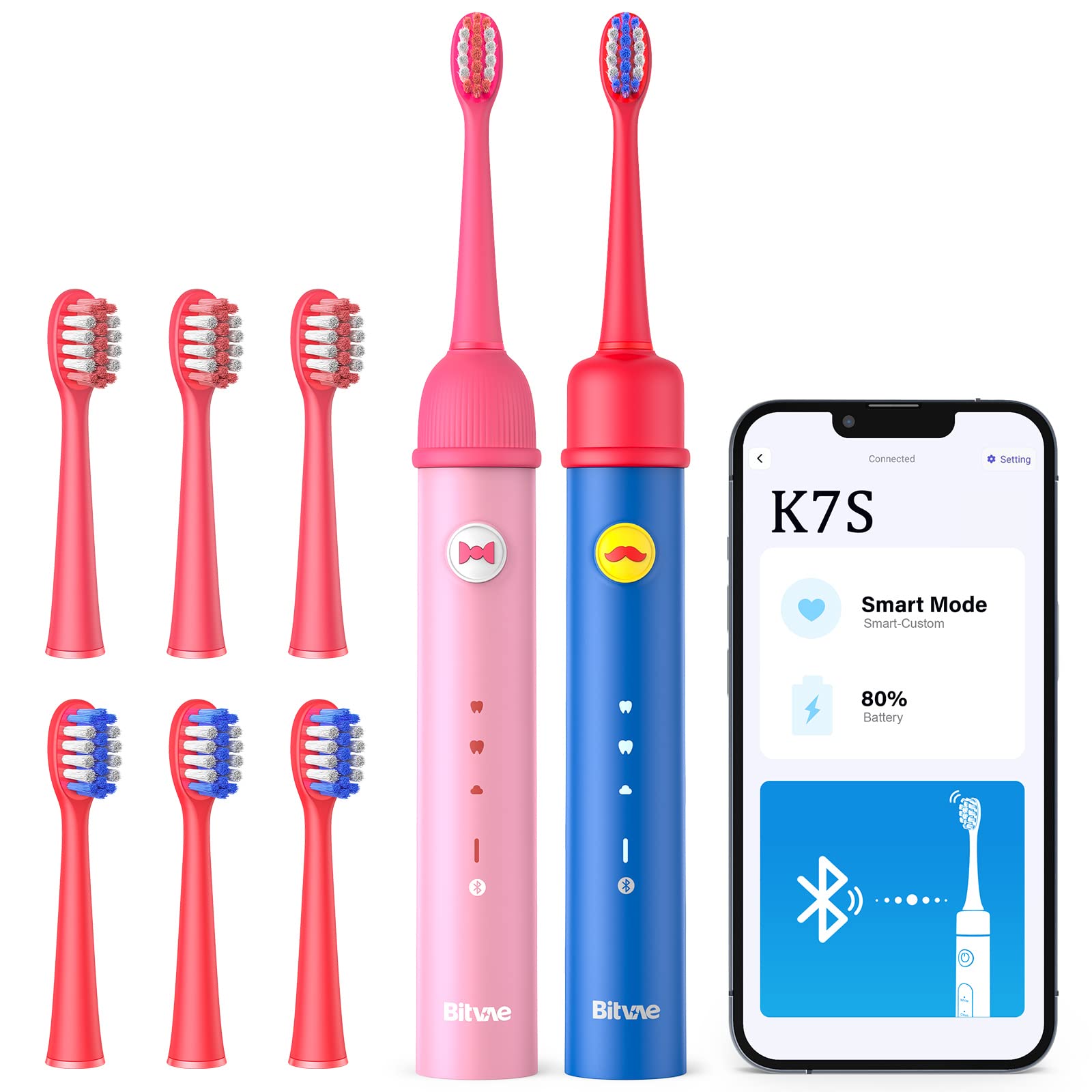 Bitvae Kids Electric Toothbrush, Child Toothbrush, Toddler Electric Toothbrush for Boys and Girls, Pink Blue Toothbrush, Kids Toothbrush with 3 Modes, Pressure Sensor