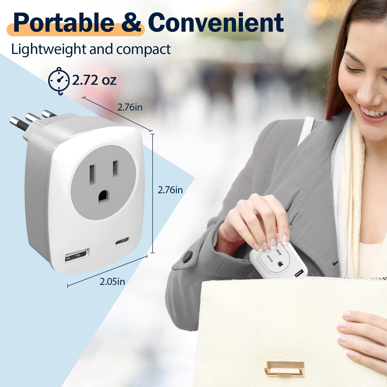 Italy Travel Plug Adapter (NOT for UK), USA to Italy Chile International Electrical Adaptor USB C Wall Charger for iPhone iPad Laptop (NOT for Hairdryer), US to Europe Power Outlet Converter