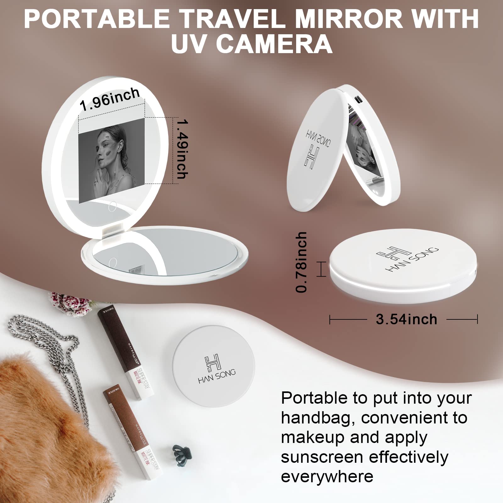 Hansong Compact Mirror with UV Camera Visualize Facial Sunscreen, 2X Magnification Travel Makeup Mirror Handheld 2-Sided Pocket Mirror, 3.5in Folding Travel Mirror