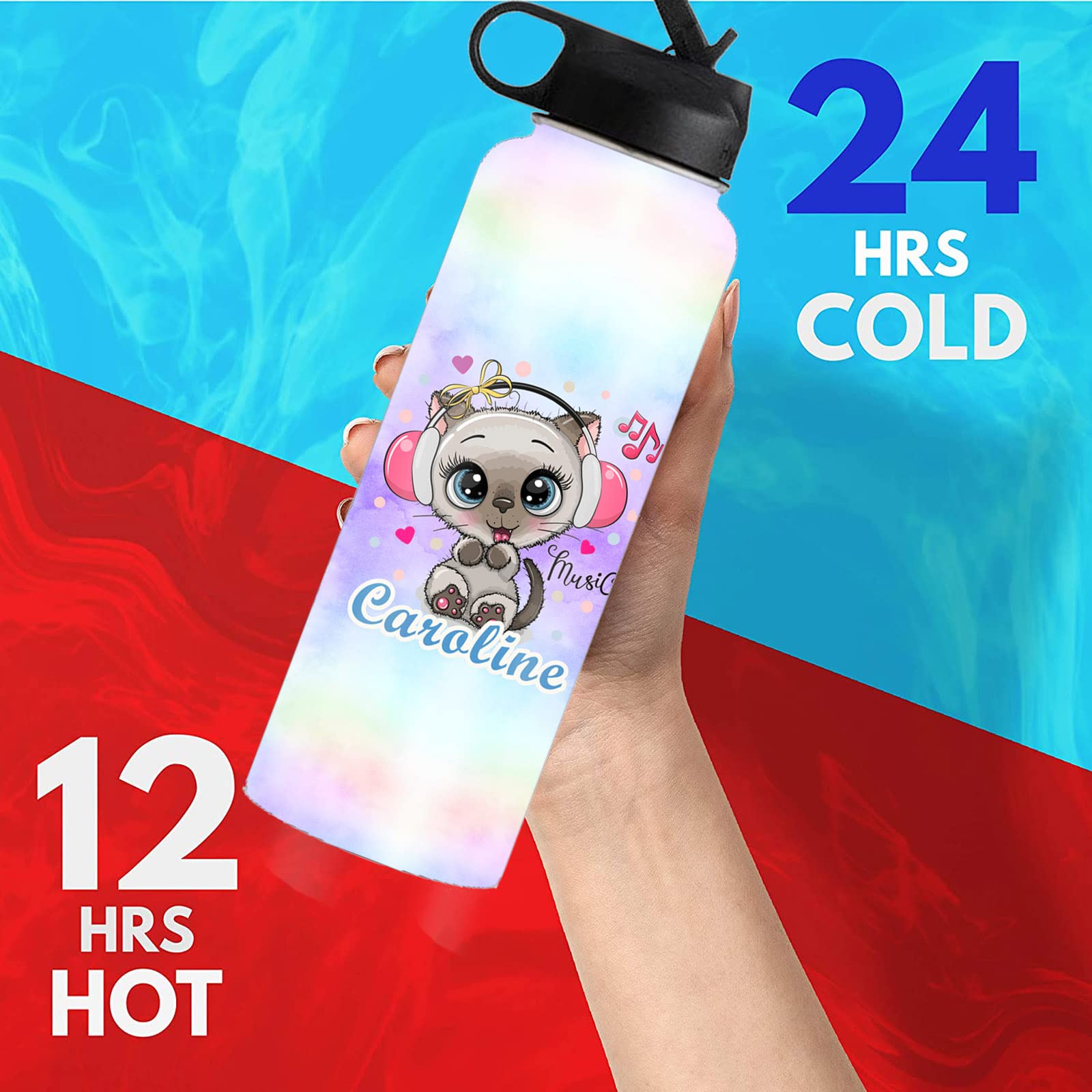 Personalized Water Bottle for Kids with Straw Lid,Custom Stainless Steel Sports Water Bottle with Name or Text-Double Wall Vacuum Insulated Gift Cup for Kids Women Men