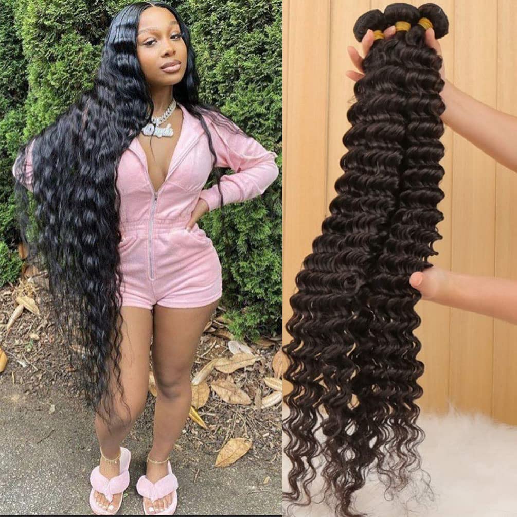 Brazilian Deep Wave Human Hair 3 Bundles (22 24 26) 12A 100% Unprocessed Virgin Brazilian Virgin Remy Deep Curly Weave Human Hair Bundles Hair Weft Extensions Natural Black for Black Women