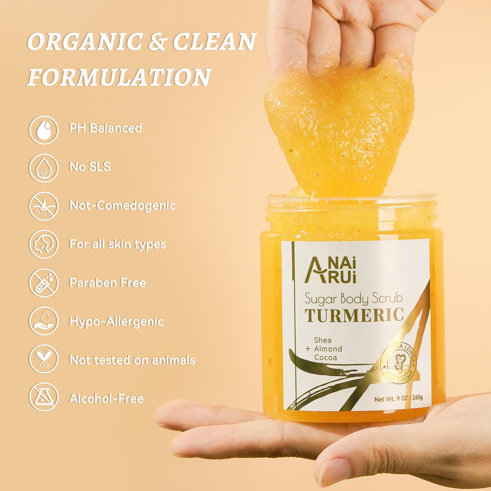 ANAI RUI Turmeric Body Scrub, Sugar Scrub for Exfoliating, Smoothing, Hydrating Skin, Skin Brightening Face & Body Scrub with Turmeric, Turmeric Body Scrub Exfoliator, 9 OZ