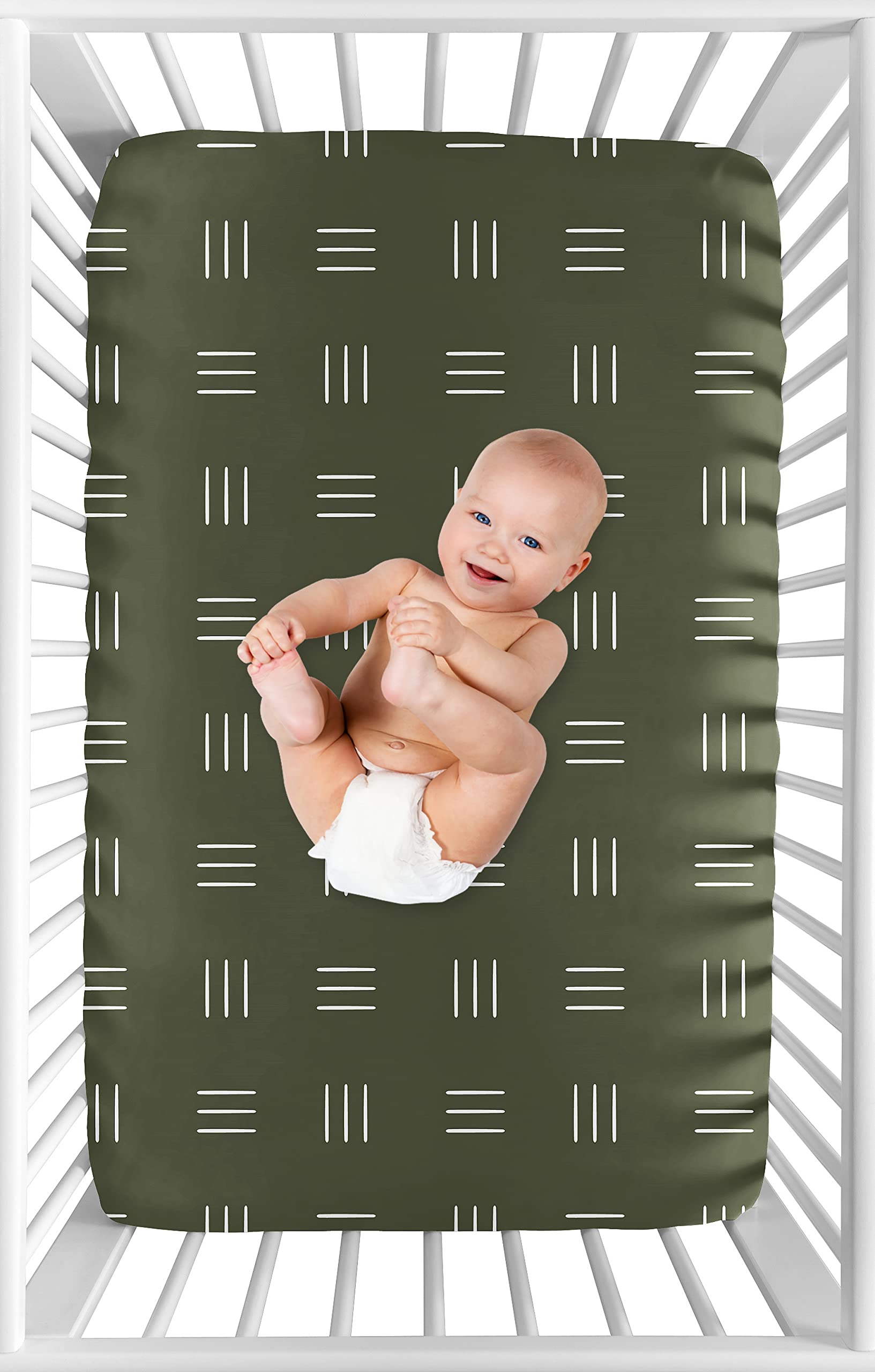 Sweet Jojo Designs Hunter Green Boy Girl Fitted Mini Crib Sheet Baby Nursery Portable Crib Pack and Play White Bohemian Woodland Tribal Mud Cloth Hatch Gender Neutral Triple Line Safari Jungle Animal