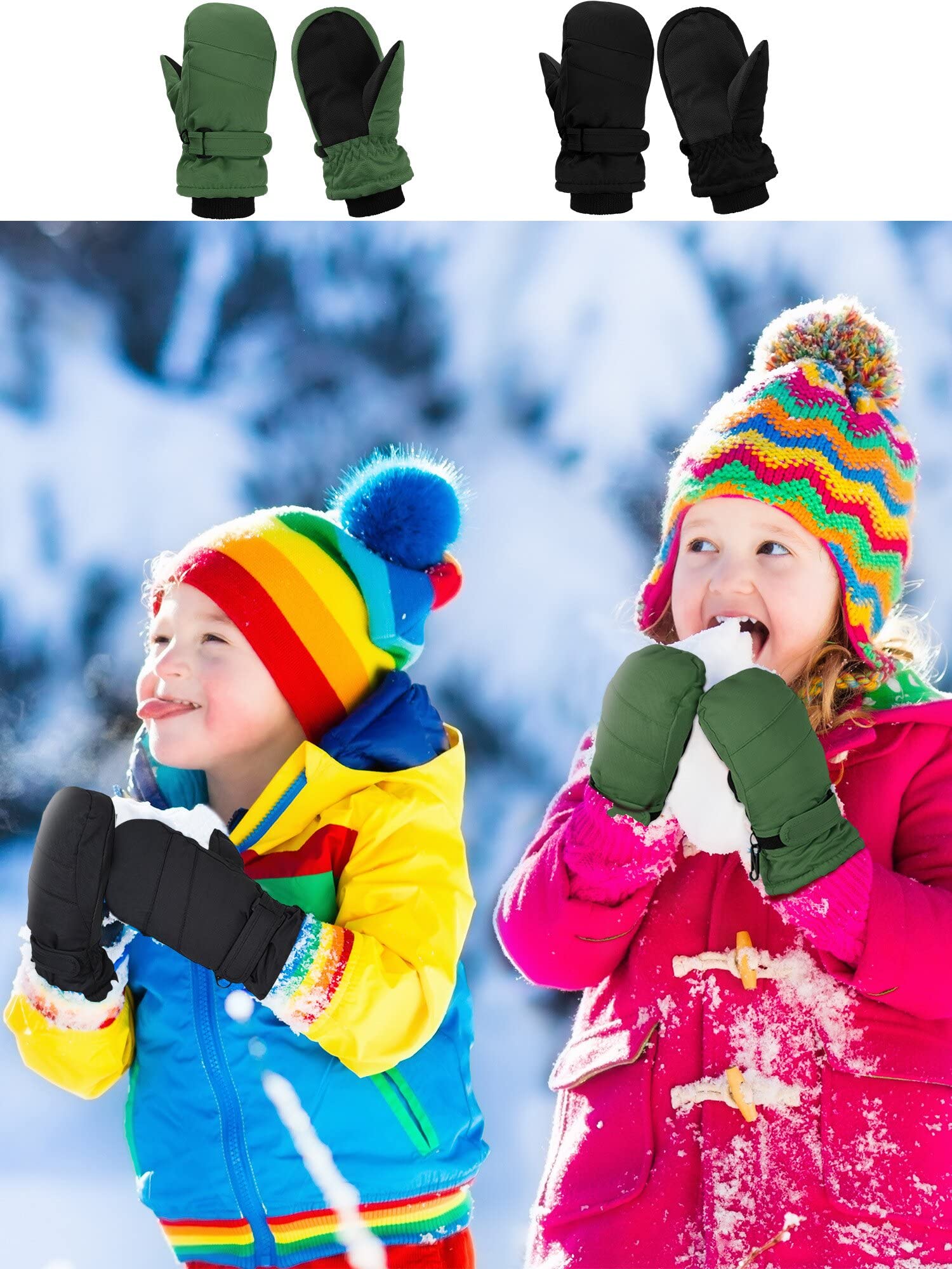 SATINIOR 2 Pairs Kids Snow Mittens Waterproof Winter Ski Gloves Warm Thicken Snow Gloves for Girls Boys (Black, Army Green, 3-5 Years)