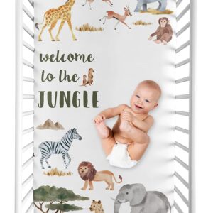 Sweet Jojo Designs Jungle Animals Boy Girl Fitted Crib Sheet Baby Toddler Nursery Photo Op Hunter Green Yellow Grey Orange Black White Gray Wildlife Safari Animal Elephant Giraffe Lion Monkey Leopard