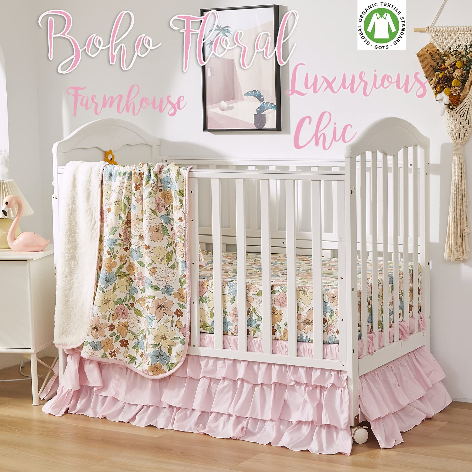 Brandream Crib Bedding Set for Girls 3 Pieces Floral Baby Nursery Bedding Set with Enchanting Blossoms Painterly Petals Leaves Design, Cotton