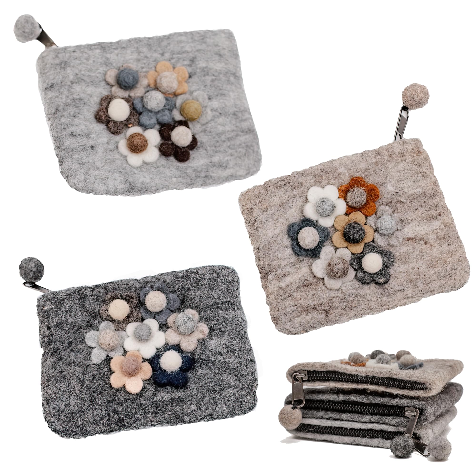 Handmade Wool Flower Makeup Bag - Small Zip Pouches for Organizing Cosmetics, Coins, Jewelry, Skincare Products, Toiletries - Travel Floral Makeup Pouch Organizer Is a Great Gift for Women - Set of 3