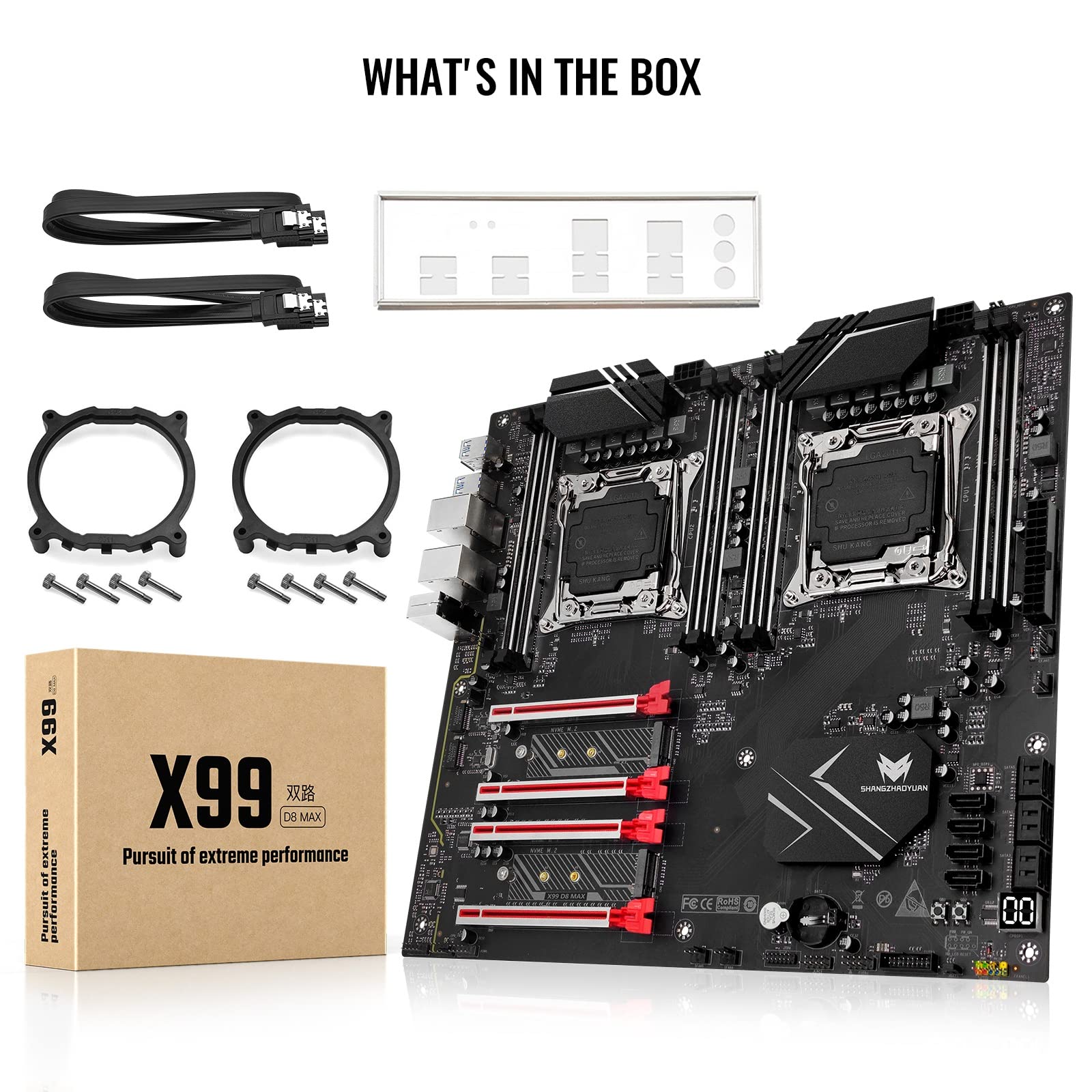 SHANGZHAOYUAN X99 Dual CPU Motherboard LGA 2011-3 Server Motherboard for Intel i7 5th/6th Gen Xeon E5 V3/V4 Series (E-ATX, 8*DDR4 ECC Max 256G, 2*NVME M.2, 2*Gb LAN, SATA 3.0, PCIe 3.0)