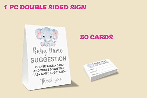 Yuansail Baby Name Suggestion For Baby Shower Games, Elephant Themed Name Suggestion Game Card, Party Favors Supplies Decorate For Baby Showers Game Cards, 1 Sign & 50 Cards Per Pack –(bbname-010)