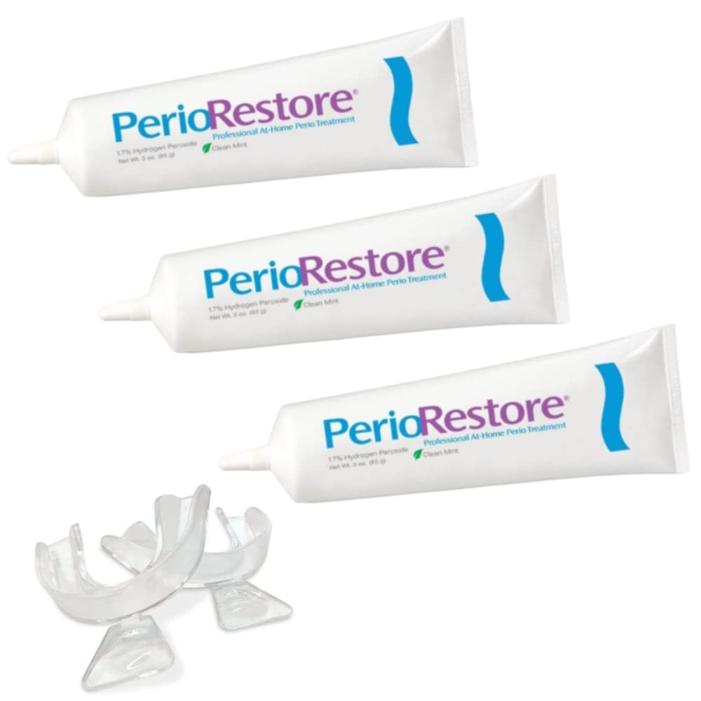 Perio Restore® Gel 3 Ounce Tube; 3 Pack. 1.7% Hydrogen Peroxide Oral Cleansing Treatment Gel. Includes Two (2) Trays for Ease of Application. Mint Flavor