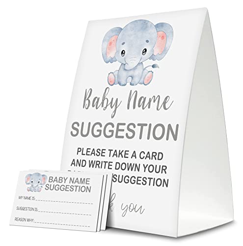 Yuansail Baby Name Suggestion For Baby Shower Games, Elephant Themed Name Suggestion Game Card, Party Favors Supplies Decorate For Baby Showers Game Cards, 1 Sign & 50 Cards Per Pack –(bbname-010)