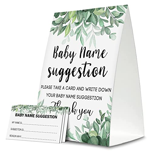 Baby Name Suggestion For Baby Shower Games, Greenery Themed Name Suggestion Game Card, Party Favors Supplies Decorate For Baby Showers Game Cards, 1 Sign & 50 Cards Per Pack –(bbname-004)