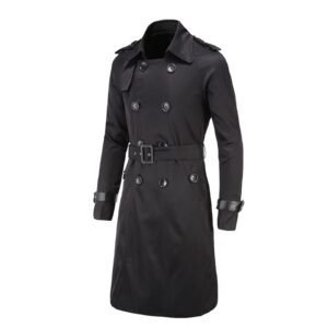 maiyifu-gj men's double breasted trench coat stylish slim fit mid long belted windbreaker lapel military jacket with belt (black,xx-large)