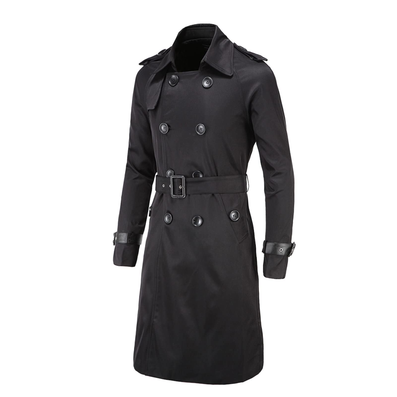 Maiyifu-GJ Men's Double Breasted Trench Coat Stylish Slim Fit Mid Long Belted Windbreaker Lapel Military Jacket with Belt (Black,XX-Large)