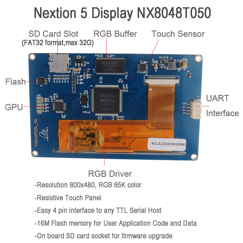 DIYmalls Nextion 5 inch HMI Display Resistive Touch Screen 5V TFT LCD 800x480 for Arduino ESP32 Board (NX8048T050)