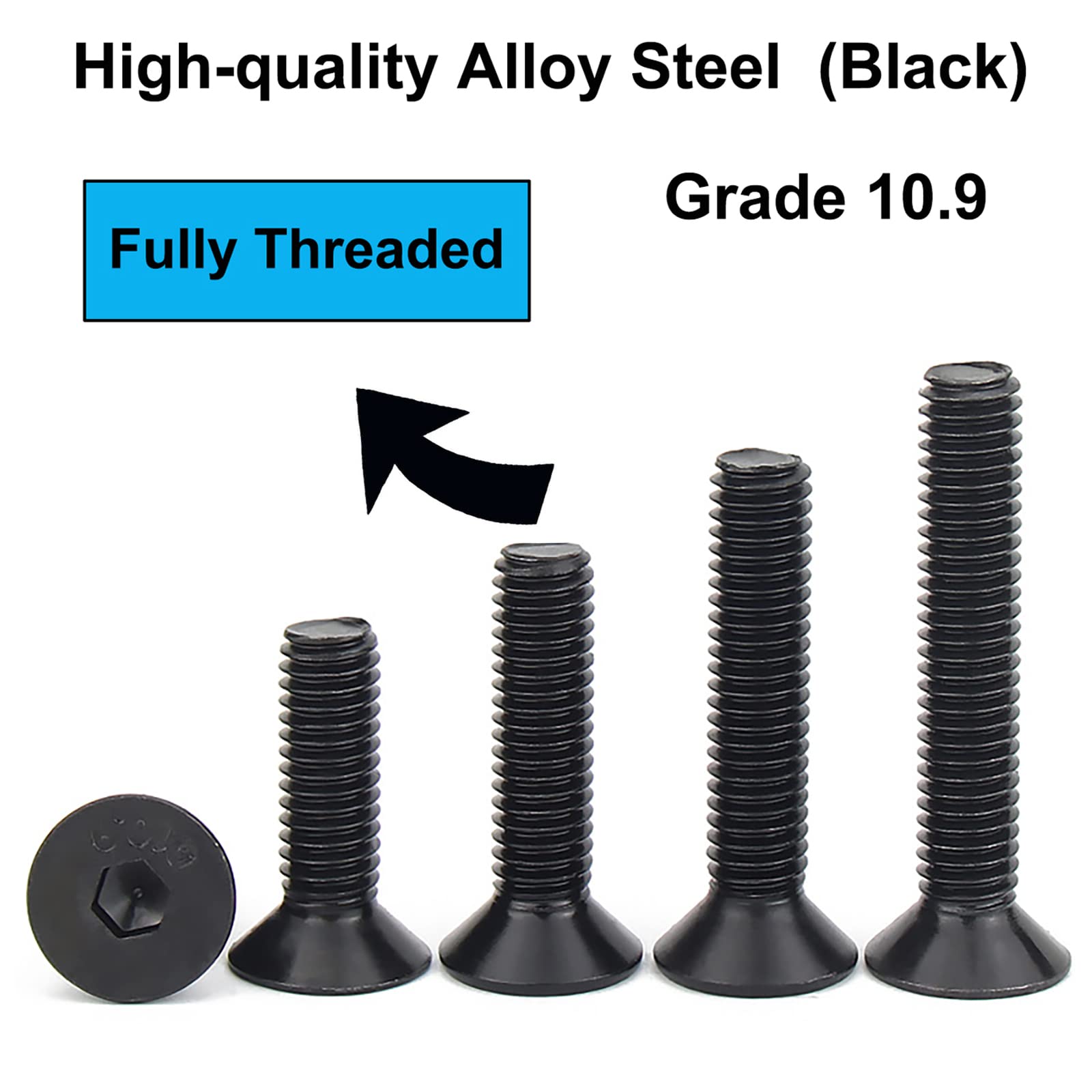 HanTof 75PCS Flat Head Hex Socket Cap Screw Bolt, Grade 10.9 Alloy Steel, M6 x 10/12/16/20/30mm SCK Allen Head Hex Drive Machine Screw Set with Hex Key, Black Oxide Finish, Fully Threaded Pitch: 1.0mm