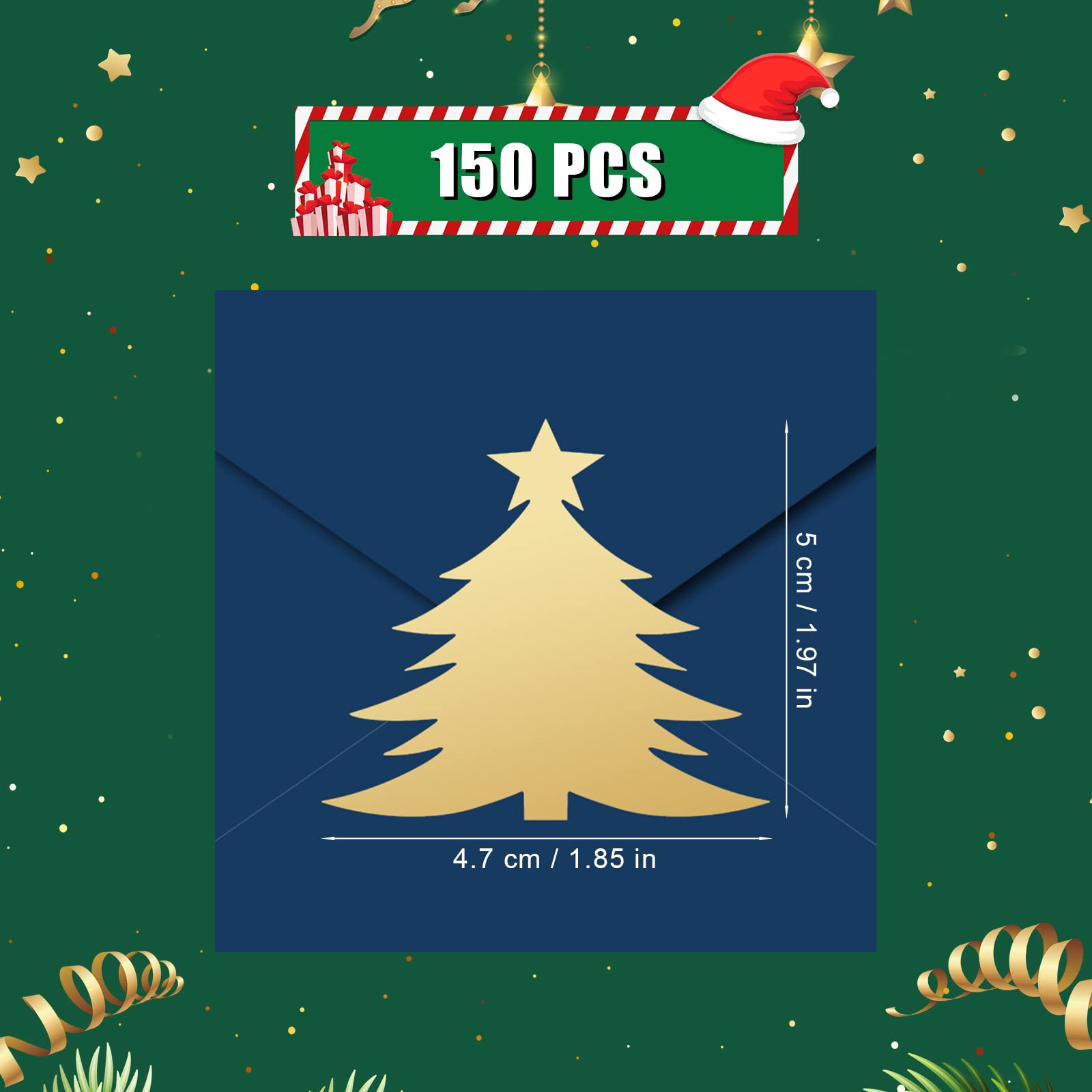 AIEX 150pcs Christmas Envelope Seal Stickers, Decorative Envelope Seals Christmas Tree Gold Foil Stickers for Envelopes Invitation Cards Wedding Party Decorations