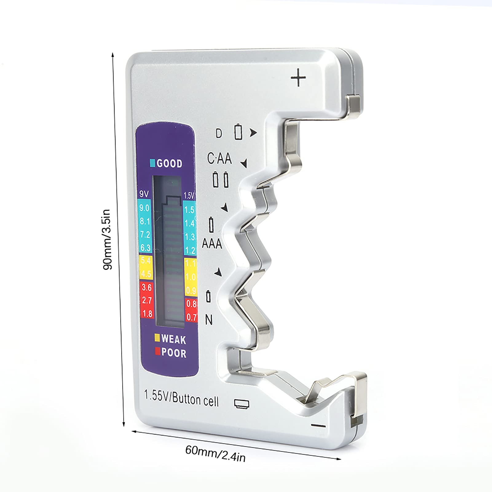 Digital Battery Tester, LCD Display Universal Batteries Checker Household Small Mini Testers Button Cell for All AA AAA C D 9V Capacity Measuring Testing Detector Tool 90mm Multiply 60mm Silvery