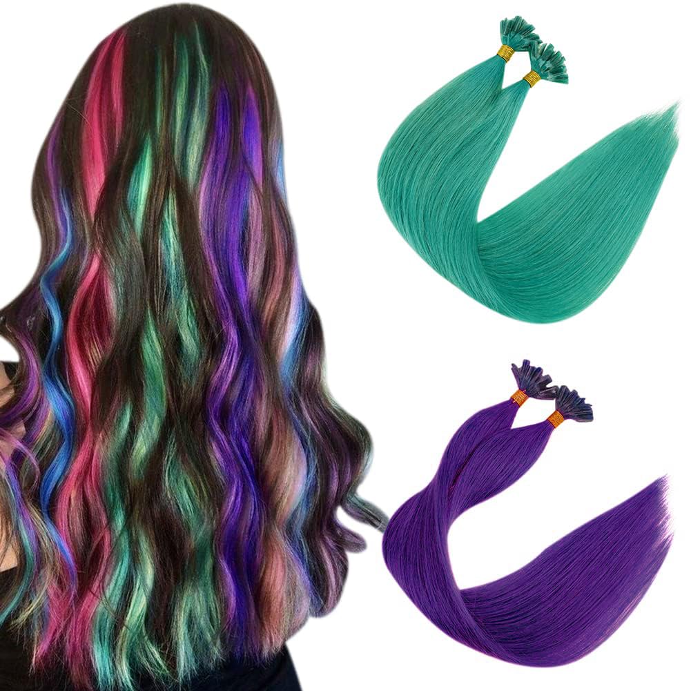 RUNATURE Bundles 16 Inch U Tip Hair Extensions Human Hair Purple and Utip Hair Extensions Human Hair Teal 20g 25 Strands