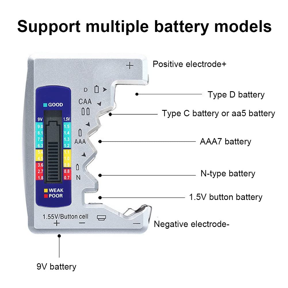 Digital Battery Tester, LCD Display Universal Batteries Checker Household Small Mini Testers Button Cell for All AA AAA C D 9V Capacity Measuring Testing Detector Tool 90mm Multiply 60mm Silvery