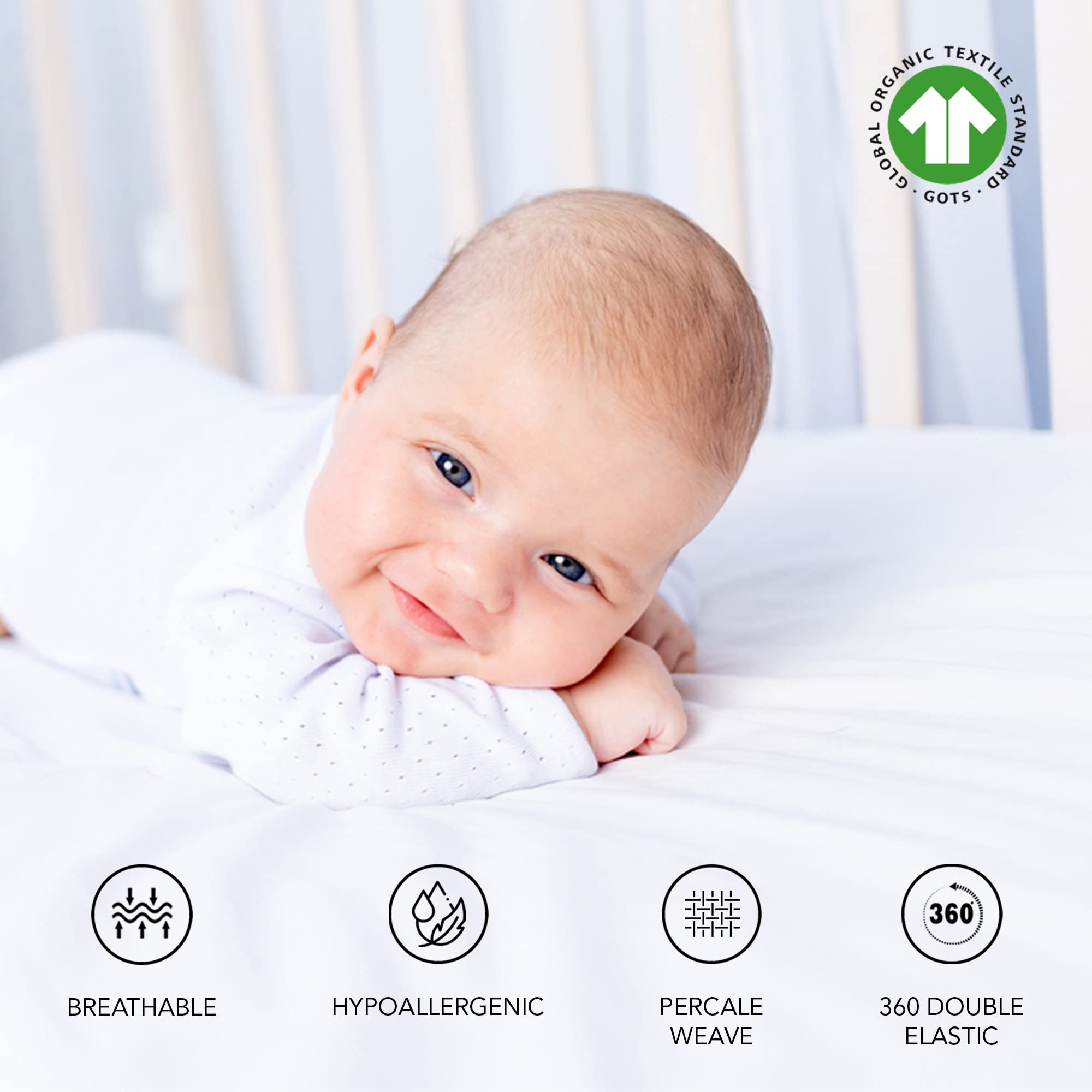 Organic Crib Sheets (2-Pack) - 100% Organic Cotton GOTS Certified, Breathable Crib Sheets, Double-Elastic for Secure Fit, Extra Protection for Your Baby, Cotton Crib Sheets Fitted (28"x52")