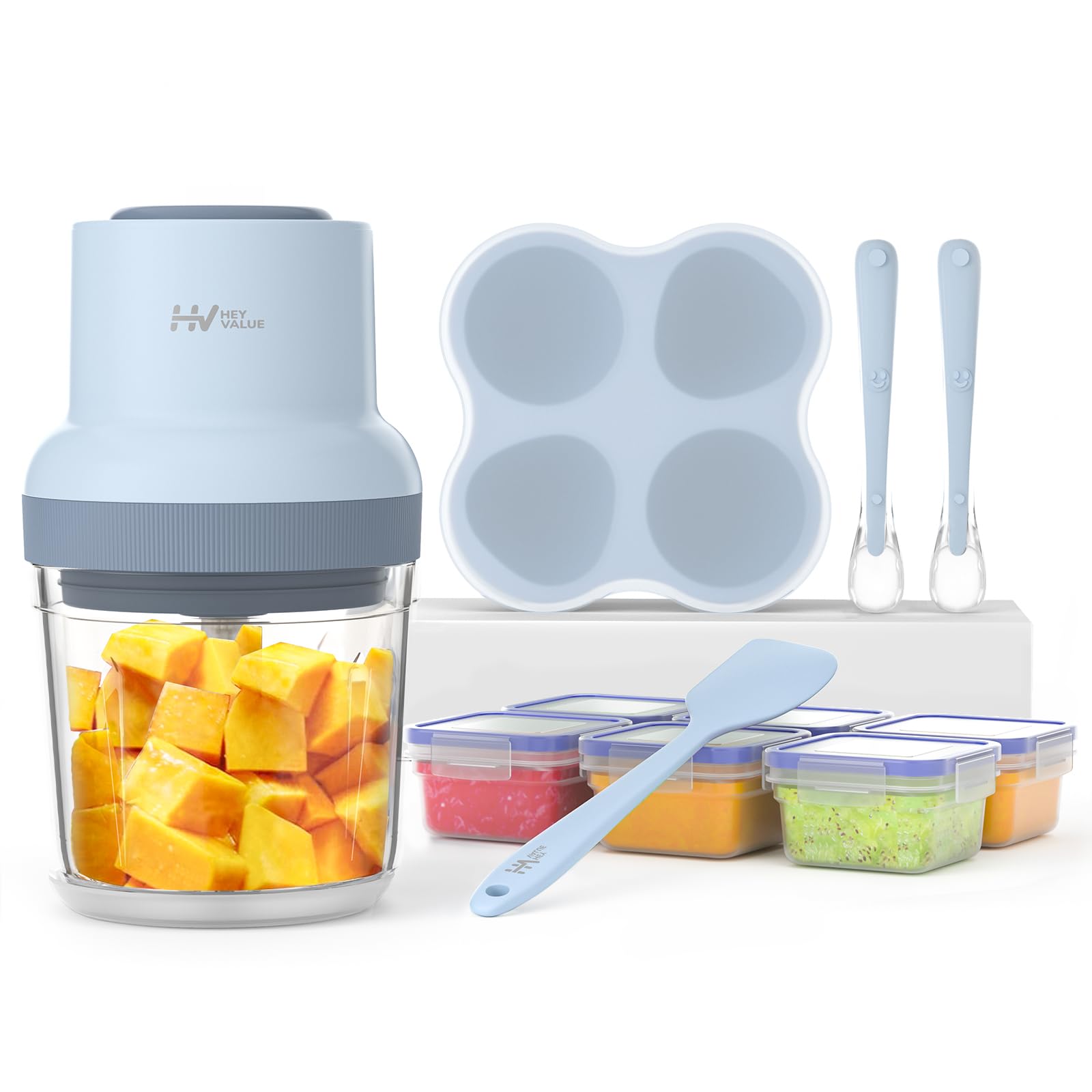 HEYVALUE Baby Food Maker, 13-in-1 Baby Food Processor Sets, Baby Food Puree Blender for Fruit, Vegatable, Meat, with Baby Food Containers, Freezer Tray, Silicone Spoons, Silicone Spatula (Light Blue)