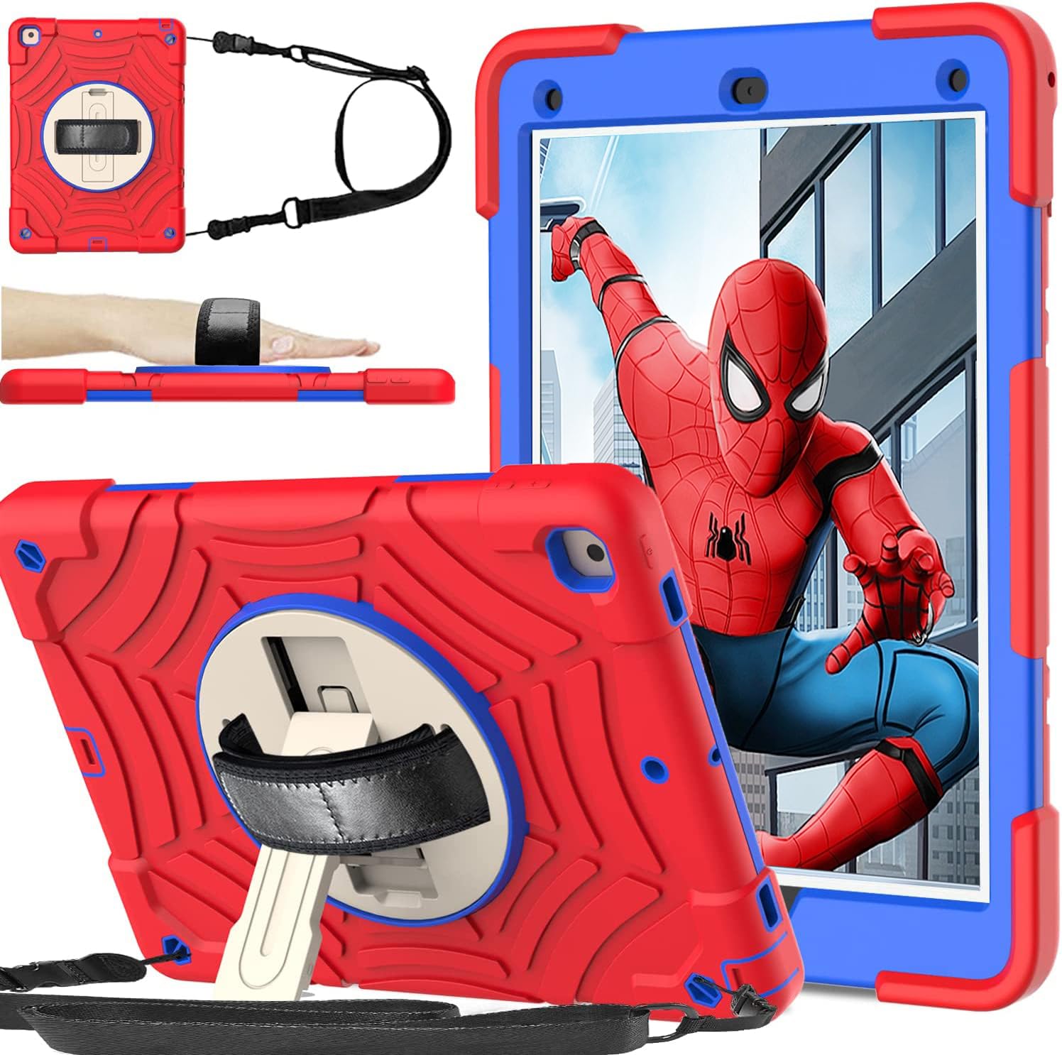 BMOUO Case for iPad 6th/5th Generation (9.7 inch, 2018/2017), with Screen Protector, 360 Rotating Stand & Hand & Shoulder Strap Kids Case for iPad 6th/5th Gen, Red