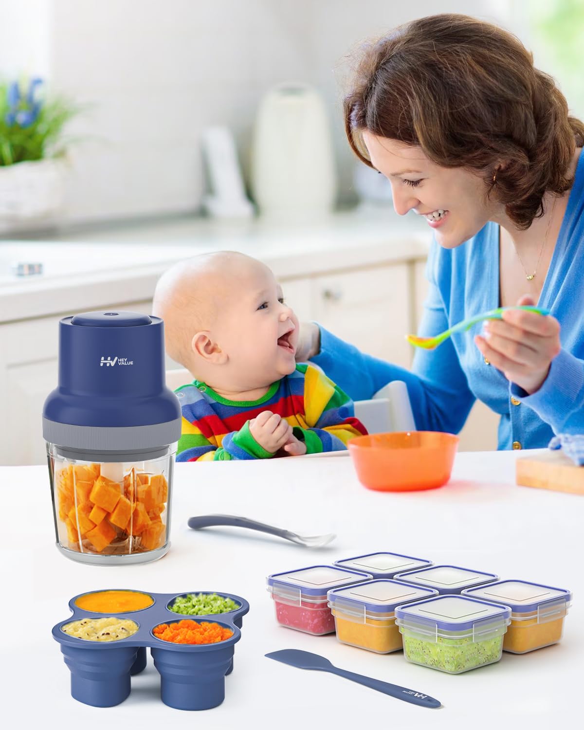 HEYVALUE Baby Food Maker, 13-in-1 Baby Food Processor Sets, Fruit, Vegatable, Meat, Food Puree Blender with Baby Food Containers, Food Freezer Tray, Silicone Spoons, Silicone Spatula (Dark Blue)