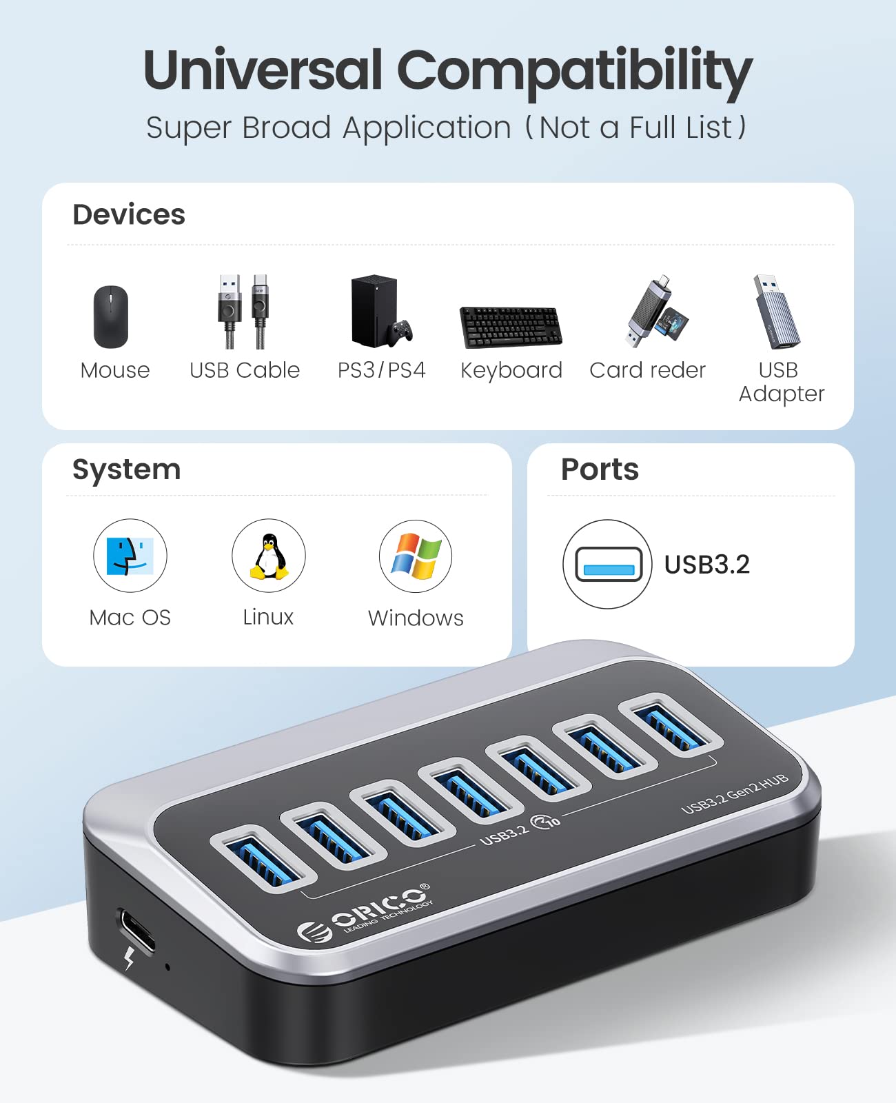 ORICO USB Hub 10Gbps with 7 USB A Ports, USB 3.2 Gen 2 Hub with 1.64Ft USB-C Cable and USB-A Adapter USB Splitter for iMac, All MacBooks, Mac Mini-Plastic Version