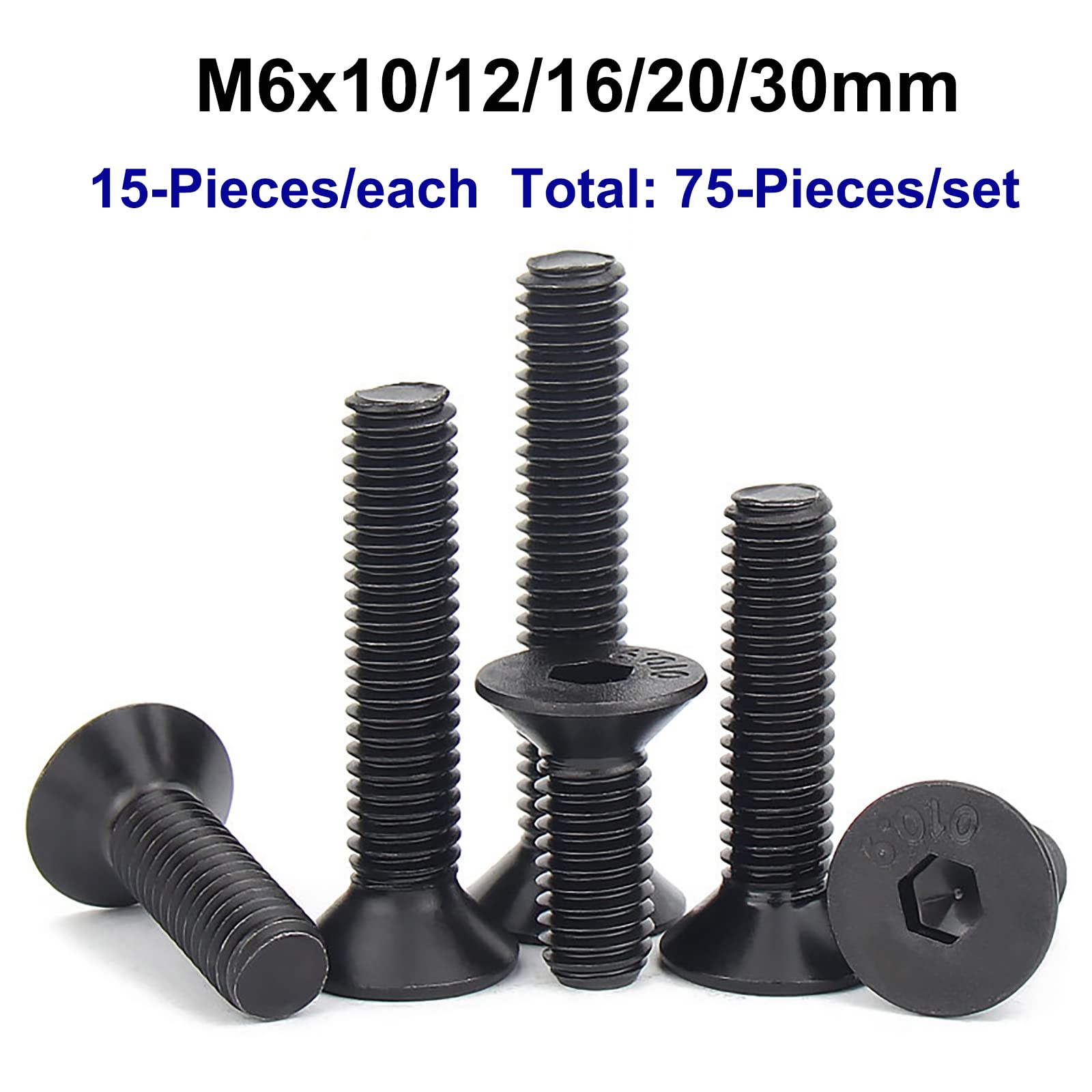 HanTof 75PCS Flat Head Hex Socket Cap Screw Bolt, Grade 10.9 Alloy Steel, M6 x 10/12/16/20/30mm SCK Allen Head Hex Drive Machine Screw Set with Hex Key, Black Oxide Finish, Fully Threaded Pitch: 1.0mm