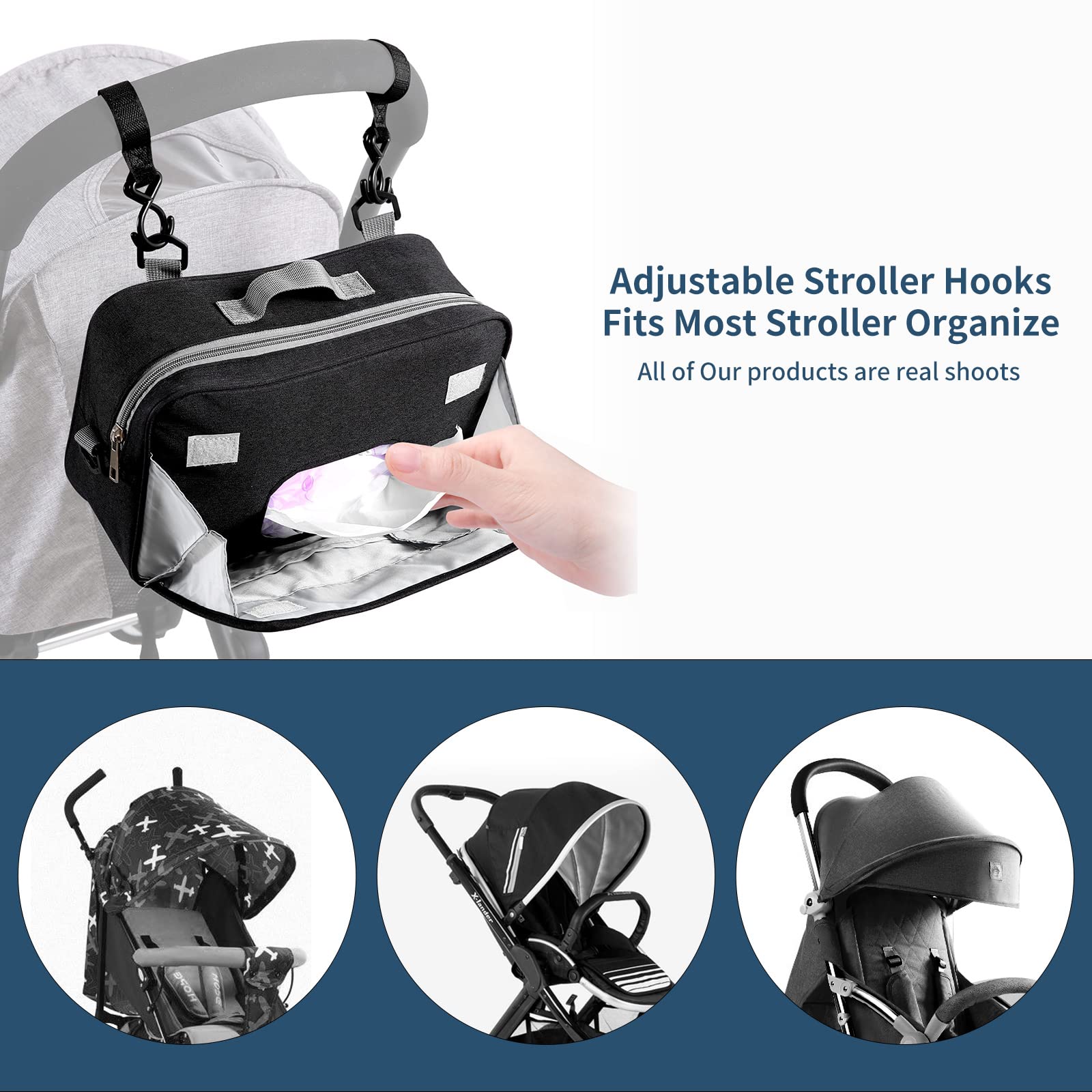 TRENDPLAY Small Diaper Bag, Mini Stroller Organizer Caddy with Wipe Pockets Caddy Parent Console with Stroller Straps Fit All Strollers, Black