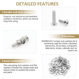 1504 Pieces Button Head Socket Cap Screws Nuts Washers Kit, Kindroufly M2 M3 M4 Screw Assortment Kit, Machine Screws, 304 Stainless Steel, Fully Machine Thread, Silver