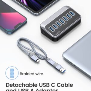 ORICO USB Hub 10Gbps with 7 USB A Ports, USB 3.2 Gen 2 Hub with 1.64Ft USB-C Cable and USB-A Adapter USB Splitter for iMac, All MacBooks, Mac Mini-Plastic Version