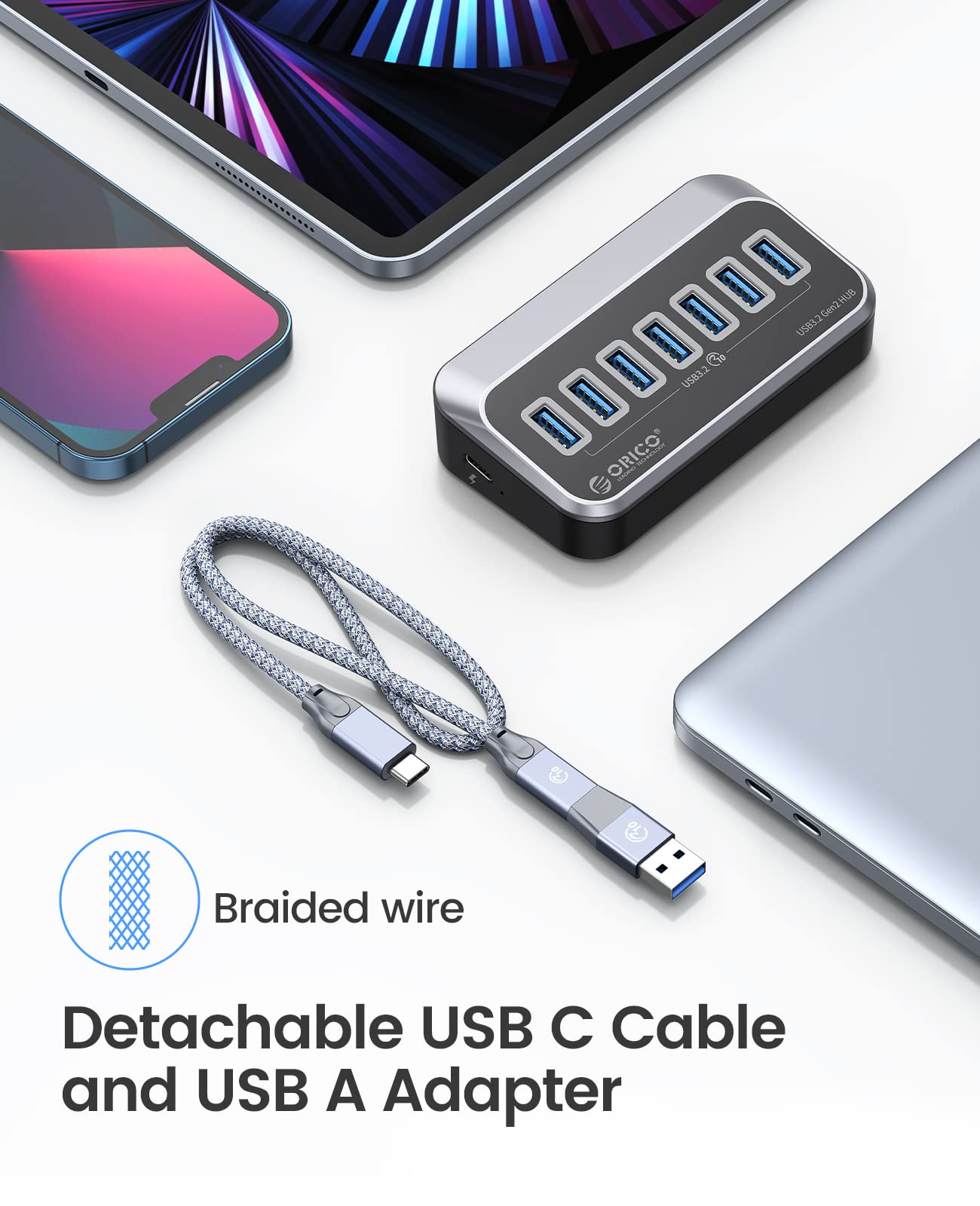 ORICO USB Hub 10Gbps with 7 USB A Ports, USB 3.2 Gen 2 Hub with 1.64Ft USB-C Cable and USB-A Adapter USB Splitter for iMac, All MacBooks, Mac Mini-Plastic Version