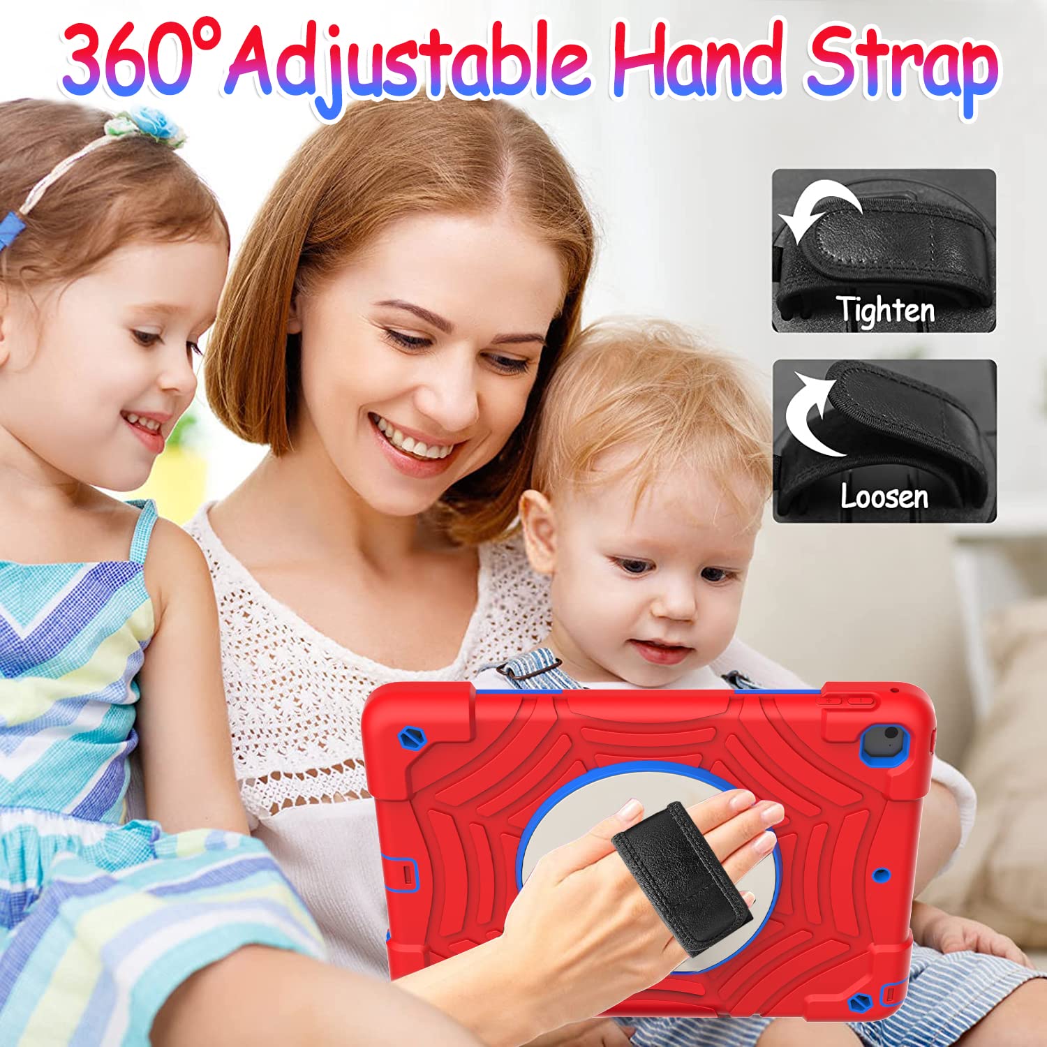 BMOUO Case for iPad 6th/5th Generation (9.7 inch, 2018/2017), with Screen Protector, 360 Rotating Stand & Hand & Shoulder Strap Kids Case for iPad 6th/5th Gen, Red