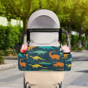 Blueangle Dinosaurs Pattern Stroller Organizer, 2 Cup Holders & Detachable Bag with Shoulder Strap Stroller Bag for Bottle, Diaper, Phone, Toys, Baby Items（370）