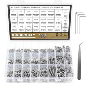 1504 Pieces Button Head Socket Cap Screws Nuts Washers Kit, Kindroufly M2 M3 M4 Screw Assortment Kit, Machine Screws, 304 Stainless Steel, Fully Machine Thread, Silver